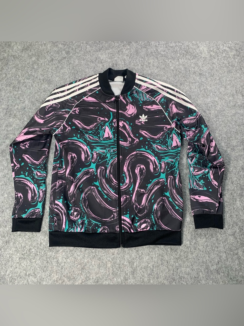 adidas Black Track Jacket with Pink & Teal Abstract Print